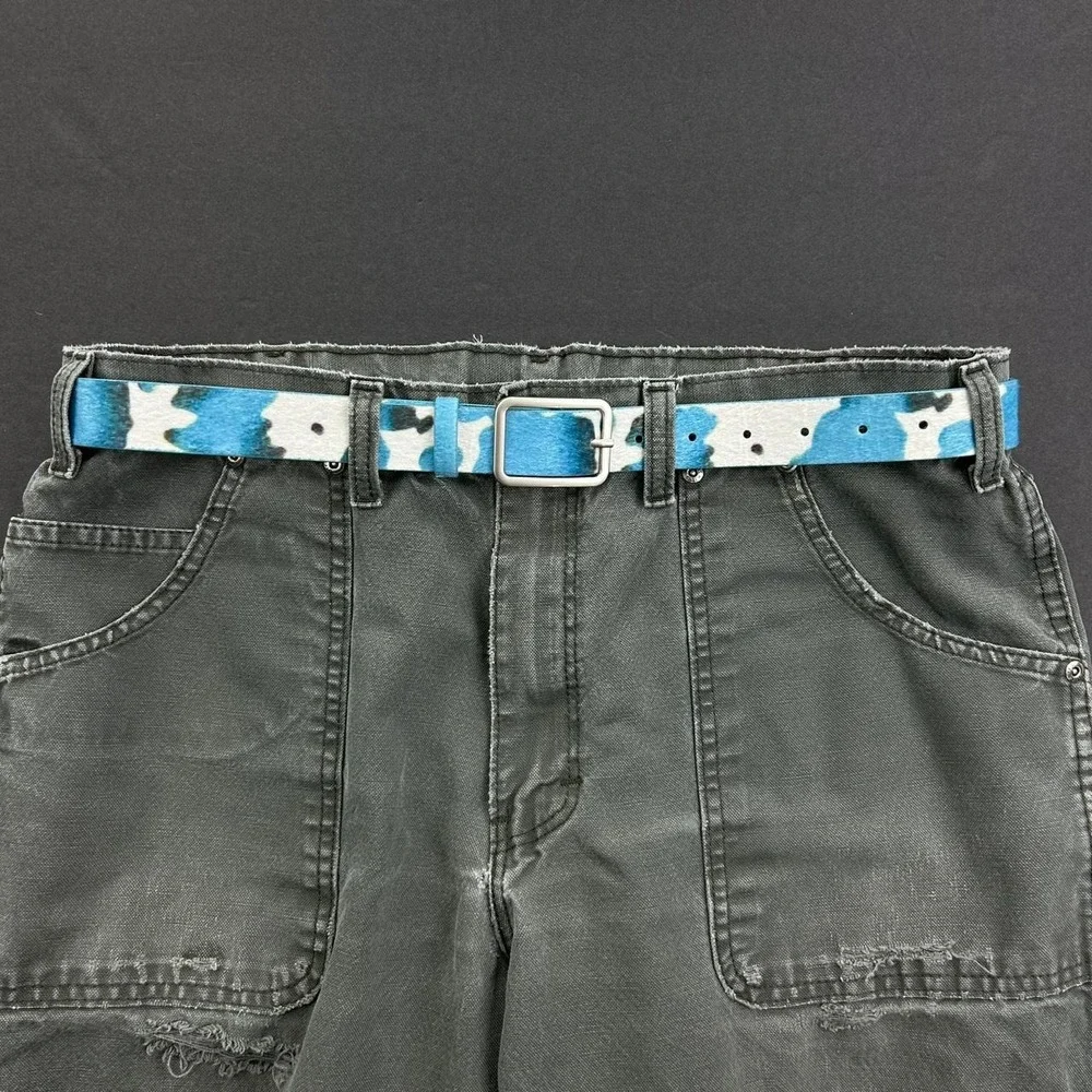 Vintage style cow fur belt american western boho blue and white
